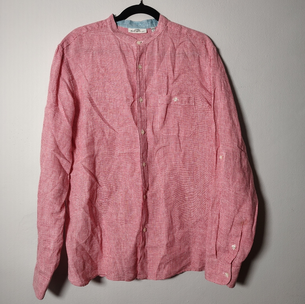 Murano Red And White Checkered Button-Down Mock Collar 100% Linen Men's Sz Large
